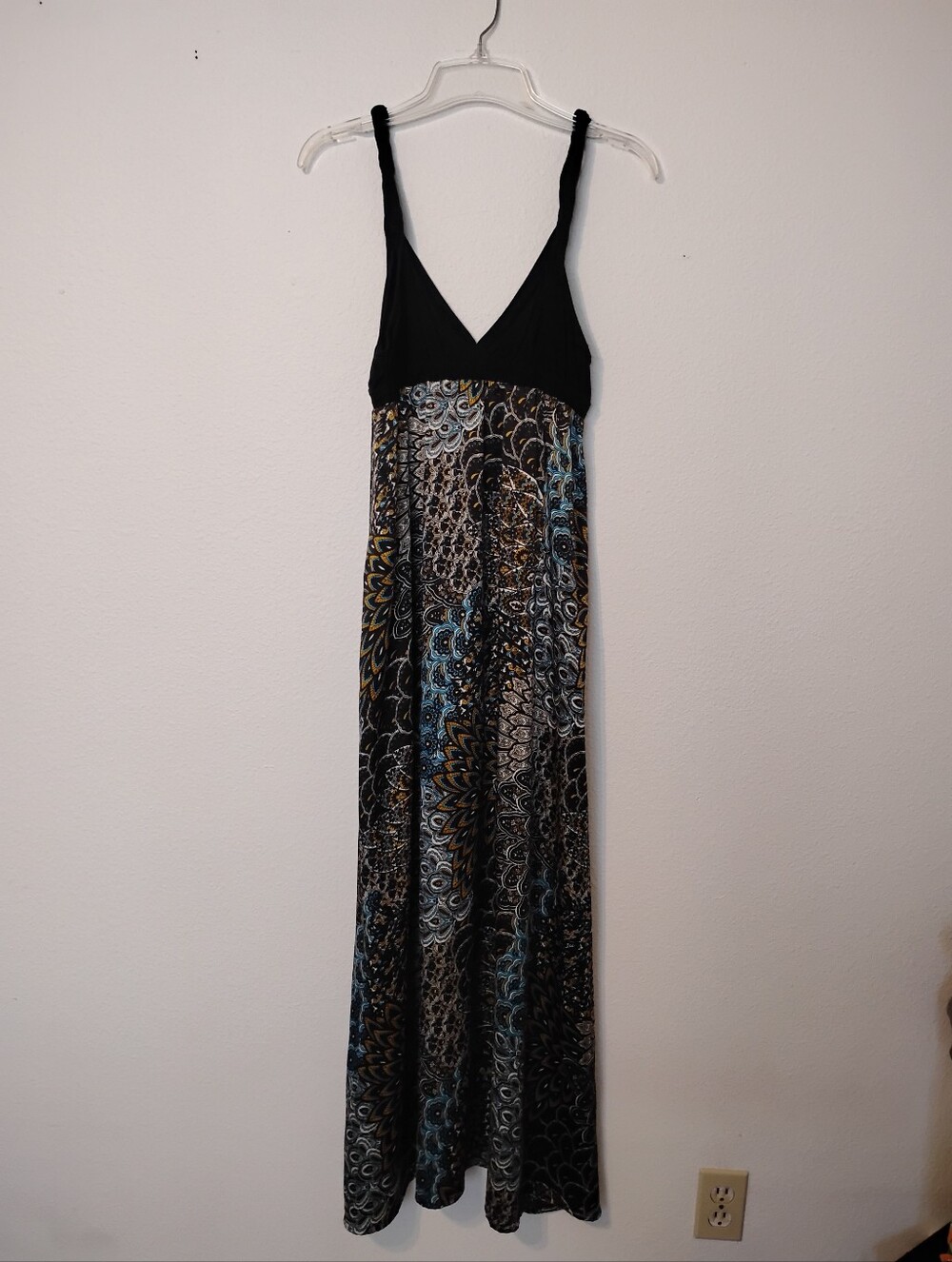 Urban Nomad Earth Bound Trading Co. Peacock Print Maxi Flowy Dress Twist Sleeves